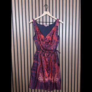 St Barth Wrap Dress Medium Womens Red Blue Fit & Flare Boho Chic Sleeveless Silk